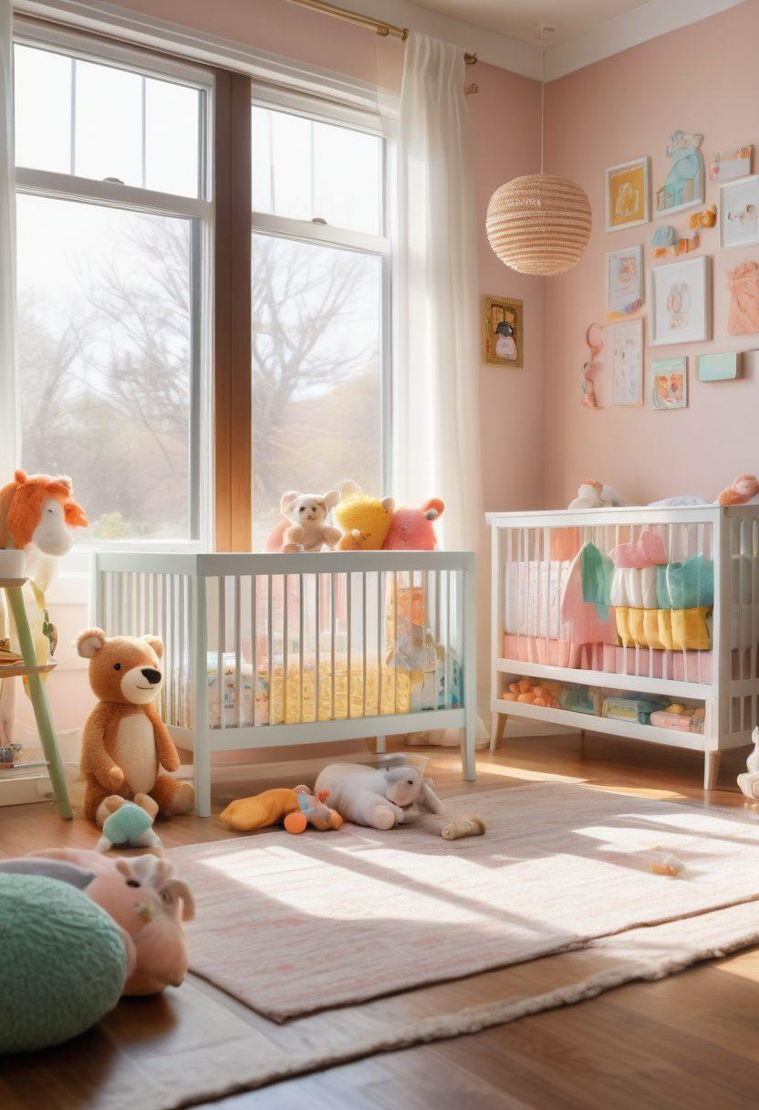 A cozy nursery scene featuring a modern crib, colorful infant supplies, and promotional items artfully displayed. Bright toys scattered around, with warm natural light filtering through the window. Include soft pastel colors and happy parents examining products. Add a touch of playfulness with cartoonish baby animals. super-realistic. vibrant colors. soft lighting.